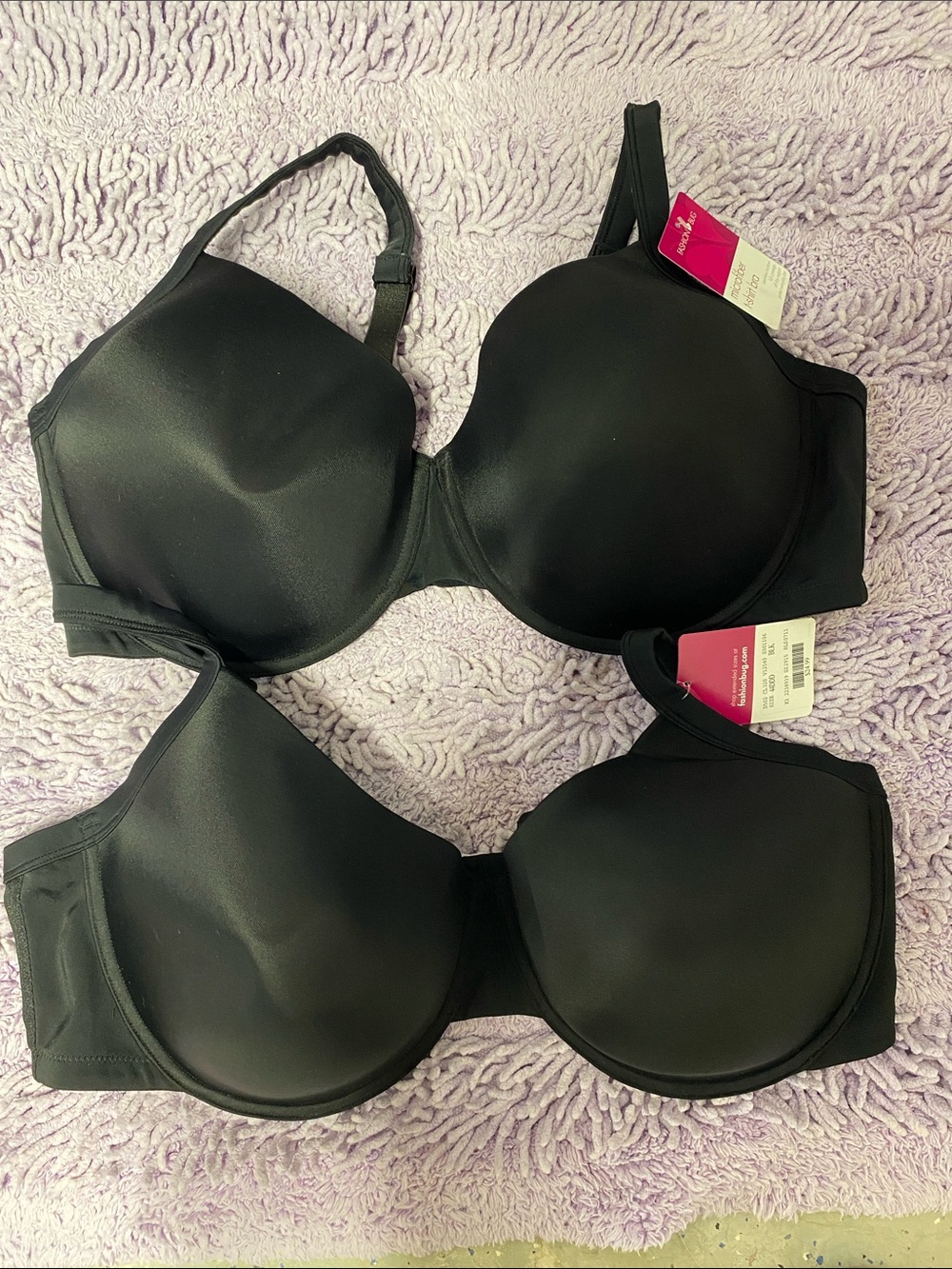 NWT Vintage Fashion Bug 2 Lot Black Microfiber Molded Bras 44DDD (